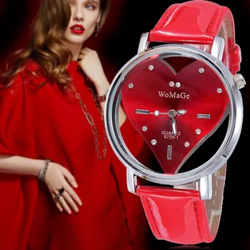 Ženské Móde Luxusné Náramkové hodinky Broskyňa Srdce Dial Red&Ružové Hodinky Bežné Kožené Quartz Dámy Hodiny Hodinky Relogio montre femme