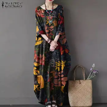 Ženské Neforemné Sundress 2021 ZANZEA Vintage Kvetinový Maxi Šaty Bežné Dlhý Rukáv Vytlačené Vestidos Žena Jeseň Šaty Plus Veľkosť