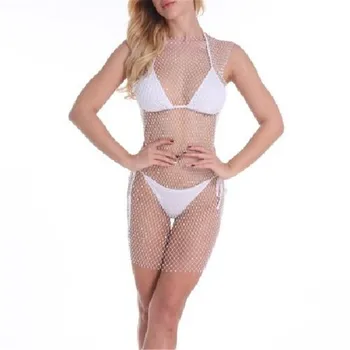Ženské Rehinestone Sieťovina Obyčajné Plavky Bikiny zakryť Nové Sexy Duté Sa Plávať Plážové Šaty Letné Soild Farba Hot Predaj