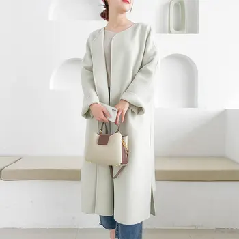 Ženské ručné tvaru pás cashmere kabát čisté farebné vlnené kabát na jeseň a v zime strednej dĺžky cashmere kabát