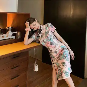 Ženské Ružová Kvetinová Novinka Satin Večer Party Šaty Qipao Mandarin Golier, Krátke Cheongsam Elegantné Čínsky Orientálne Šaty