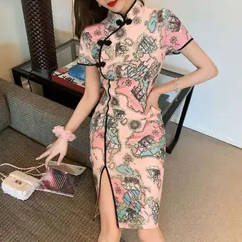 Ženské Ružová Kvetinová Novinka Satin Večer Party Šaty Qipao Mandarin Golier, Krátke Cheongsam Elegantné Čínsky Orientálne Šaty