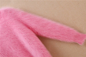ženské ženy sladké ružové teplé noriek cashmere pletené o-krku dlhé rukávy voľné zimné pulóver angorského vlasy jumper sveter