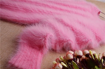 ženské ženy sladké ružové teplé noriek cashmere pletené o-krku dlhé rukávy voľné zimné pulóver angorského vlasy jumper sveter