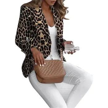 Ženy 2020 Jar Elegantné Pracovného Kabát Slim Leopard Tlač Bundy Dlhý Rukáv Tlačidlá Sako Vyhovovali Office Dámy Clubwear