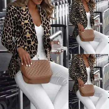 Ženy 2020 Jar Elegantné Pracovného Kabát Slim Leopard Tlač Bundy Dlhý Rukáv Tlačidlá Sako Vyhovovali Office Dámy Clubwear