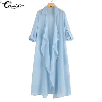 Ženy 2021 Jeseň Bielizeň Kimono Celmia Vintage Vesty Blúzky Príležitostné Voľné Dlhý Rukáv Pláže Dlhé Pevné Tričká Plus Veľkosť Topy