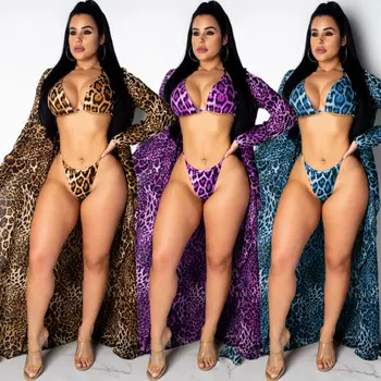 Ženy 3pieces Plavky Nastaviť 2020 Lete Leopard Tlač Bikini Set Žena Pláži zakryť Šaty Cardigan Dámy Plavky Oblek