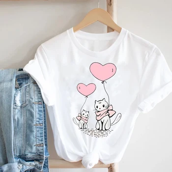 Ženy 90. rokov Srdca Milujú Mačky, Pet Cartoon Valentína Jar Leto Módne Oblečenie Tlač Tee Top Tričko Žena Grafické T-shirt
