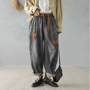 ženy Bavlna, vyšívané denim hárem nohavice ženskej literárnej jari nové retro voľné dievča nohavice nohy s pásom