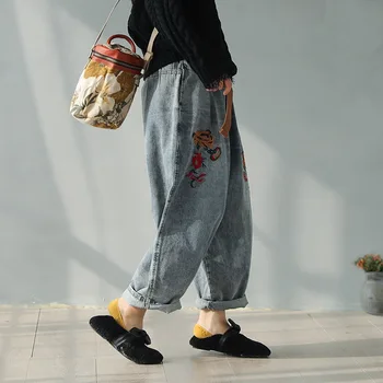 ženy Bavlna, vyšívané denim hárem nohavice ženskej literárnej jari nové retro voľné dievča nohavice nohy s pásom