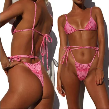 Ženy Bikini Set 2019 Nové Ružové Snakeskin Tlač Obväz Plavky Vysoký Pás Dámy Plavky Plavky, Plážové Oblečenie
