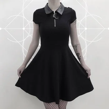Ženy Black Gotický Slim Tenké Šaty Moom Zips, Kožené Krku Skladaný Bežné Šaty Krátke Letné Šaty Lady Vitage Šaty