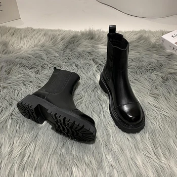 Ženy Chelsea Boots Elastické Martin Členok Slip-on Black Hnedé Kožené Oblečenie pre Štvorcové Prst Platformu Krátky Základné Zimné Topánky Dámske