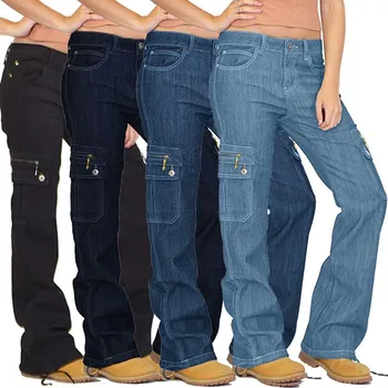 Ženy Destoryed Svetlice Džínsy Tlačidlo Širokú Nohu Denim Cargo Nohavice Combat Jeans žena vysoký pás džínsy