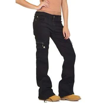 Ženy Destoryed Svetlice Džínsy Tlačidlo Širokú Nohu Denim Cargo Nohavice Combat Jeans žena vysoký pás džínsy