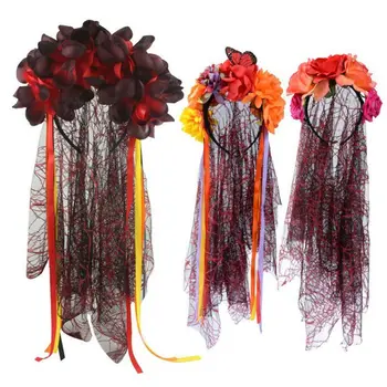 Ženy, Dievčatá Halloween Umelý Kvet hlavový most s Spider Čistý Oka Závoj Deň Mŕtvych Koruny Mexickej Dlhé pásiky Vlasy Hoop