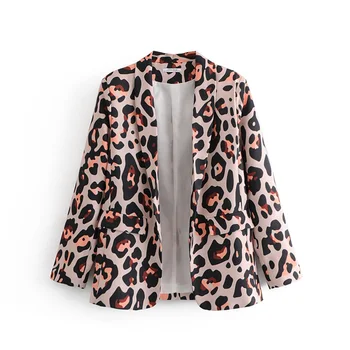 ženy euro štýl leopardí vzor tlače otvorte steh sako žena vrecku outwear vyhovovali office lady vintage bežné elegantné topy CT183