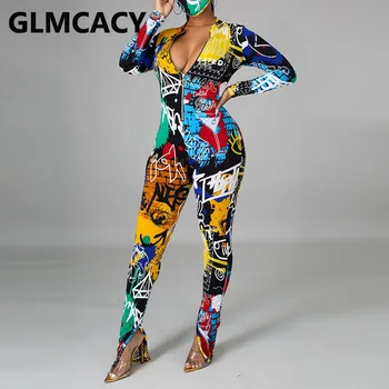 Ženy Graffit Vytlačené Slim Jumpsuit Zips Predné Hiphop Trakmi