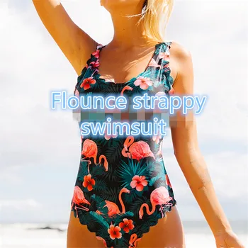 Ženy Jednodielne Plavky Flounce Strappy Plavky Plus Veľkosť Bandeau Monokiny Maillot De Bain 2020 Femme Flamingo Tlač Plávať