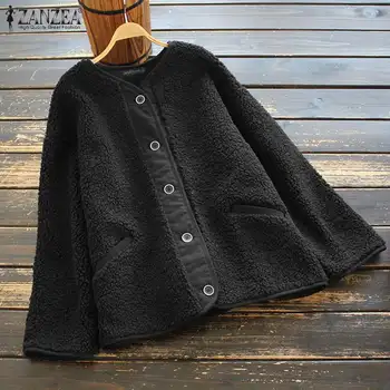 Ženy Jeseň Dlhý Rukáv Fleece Coats 2021 ZANZEA Vintage Plyšové Coats Bežné Tlačidlá Nadol Pevné Outwear Plus Veľkosť Tenké Bundy
