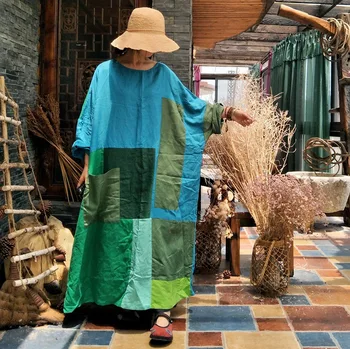 Ženy Jeseň Pathwork Bavlnená Posteľná Bielizeň Šaty Plus Veľkosť Dámy Bat Šaty, Šaty Vintage Retro Voľné Šaty 2018 Pozdĺžne Šaty Ľan