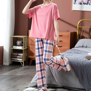 Ženy Jeseň Pyžamo Krátky Rukáv O Neck T-shirt, Blúzky, Kockované Nohavice Voľné Pyžamo Sleepwear Nastaviť Plus Veľkosť 2XL Nightshirt