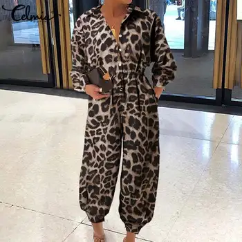 Ženy Kombinézach Celmia Sexy Leopard Tlač Remienky Dlhý Rukáv Dungarees Cargo Nohavice Príležitostné Voľné Playsuit Plus Veľkosť Nohavice 5XL