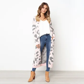 Ženy leopard dlhé pletené vesty dlhý rukáv zimný sveter kabát kabát pre ženy ženy ženy sveter coats lady