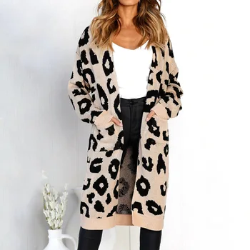 Ženy leopard dlhé pletené vesty dlhý rukáv zimný sveter kabát kabát pre ženy ženy ženy sveter coats lady