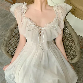 Ženy Lete Elegantné Oka Prehrabať Šaty Popruhy Sladké Lolita Víla Princezná Prom Šaty Vintage Dovolenku Biele Šaty