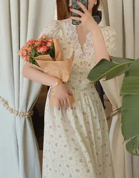 Ženy Lete Francúzsky Kvetinový Tlač Dlhé Šaty Vintage Čipky Žena Elegantné Boho Šaty Bežné Dovolenku Lady Pláži Vestidos