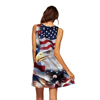 Ženy Letné Plážové Šaty 3D Americkej Vlajky Eagle Tlač bez Rukávov Riadok Voľné Šifón Šaty 2020 Sexy Mini Krátke Party Šaty