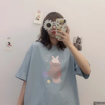 Ženy Letné T-shirt Nadrozmerná Krátky Rukáv Karikatúra Roztomilý Tlač Japonsko Kawaii Top Čaj Ženský Office Lady Príležitostné Voľné Vtipné Tričko