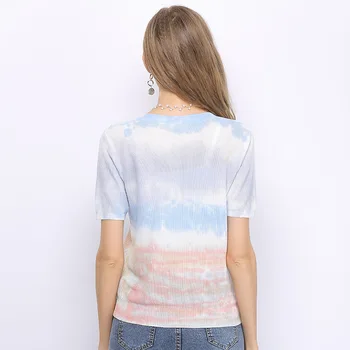 Ženy Letné Tričko Krátky Rukáv Rainbow Tlače Pletené T-Shirt Femme Slim Topy A-016