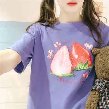 Ženy Malé čerstvé Roztomilý Jahoda Tlač Multicolor T-shirt Dievčatá Študent Leto Mäkké Sestra Sladké pulóver Topy Škole štýl