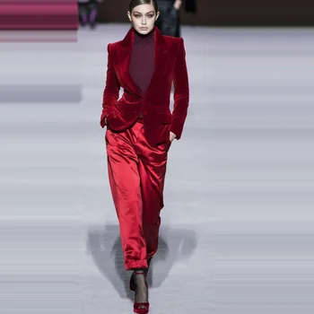 Ženy Nohavice Obleky Víno Red Velvet Ženy Dámy Business Úrad Práce Nosenie Formálne Oblečenie Pre Svadby Tuxedos Sako Módy Obleky