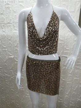 Ženy, Nočný Klub Nízke Hrudníka Otvorená Späť Reťazca Popruh Hlboké V Leopard Tlač Top Sukne Oblek