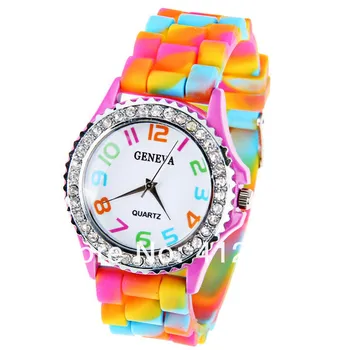 Ženy Náramkové Hodinky Geneva Rainbow Crystal Drahokamu Silikónové Hodinky Jelly Odkaz Kapely Nový darček pre dievčatá Bežné náramkové hodinky