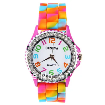 Ženy Náramkové Hodinky Geneva Rainbow Crystal Drahokamu Silikónové Hodinky Jelly Odkaz Kapely Nový darček pre dievčatá Bežné náramkové hodinky