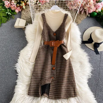ženy oblečenie 2020 Jeseň zima kórejský módne vintage šaty dve kus Dlhý rukáv top,pletený sveter a kockované šaty tweed
