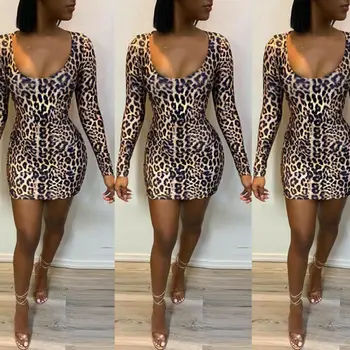 Ženy Obväz Bodycon Bežné Dlhý Rukáv Obväz Leopard Vytlačené Večierok Klubu Sexy Mini Šaty