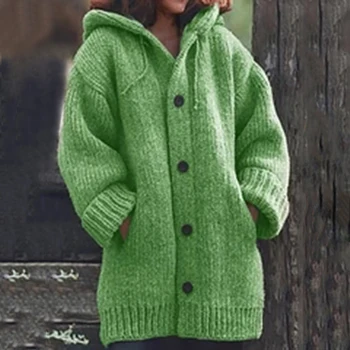Ženy Pletený Sveter Coats 2020 Zime Teplé Voľné Kapucňou Sveter Farbou Vrecká Tlačidlo Nadrozmerné Cardigan Bežné Knittwear