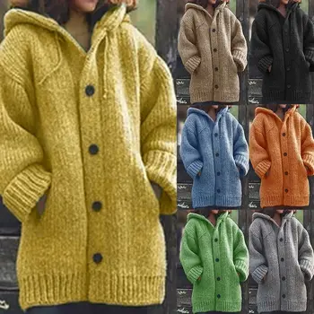 Ženy Pletený Sveter Coats 2020 Zime Teplé Voľné Kapucňou Sveter Farbou Vrecká Tlačidlo Nadrozmerné Cardigan Bežné Knittwear