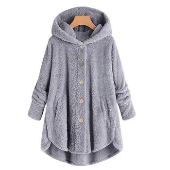 Ženy Plyšové kabát Plus Veľkosť Tlačidlo Plyšové Mikiny s Kapucňou Voľné Cardigan Vlny Kabát Zimný Udržať v teple Bunda