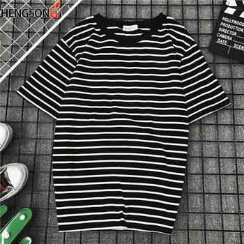 Ženy Pruhované tričko Krátky Rukáv T Shirt Čierna Biely Prúžok Príležitostné Voľné T-shirts Žena Bežné Tope Tees Harajuku Tričko