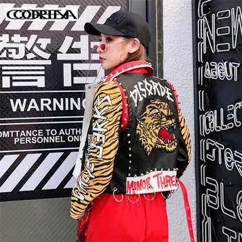 Ženy Punk Rock Kabát Nit Hlava Tigra Výšivky Motocykel Faux Kožené Sako List graffiti Tiger vzor Tlače PU Bundy