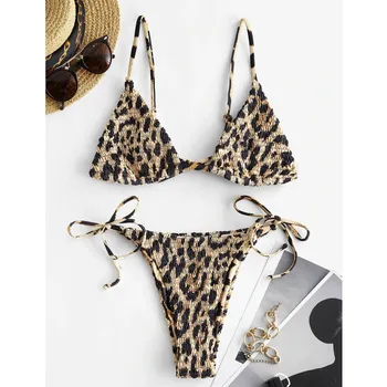 Ženy Push Up Zvierat&Kvetinový Tlač Smocked String Bikini Set Dvoch Kus Plavky