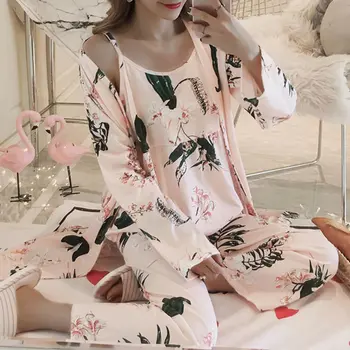 Ženy Pyžamo 3 Kusy Satin Sleepwear Pijama Hodváb Domov Nosiť Domov Oblečenie Výšivky Spánku Salónik Pyžama Nastaviť Pyžamá