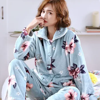 Ženy Pyžamo Nastaviť Zime Teplý Flanel Pyžamá plus veľkosť Sleepwear Bežné oblečenie pre voľný čas Zase dole Golier Pohodlné Nightgowm